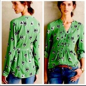 Maeve Anthropologie green composed pin-tuck button down Frenchie Bulldog shirt